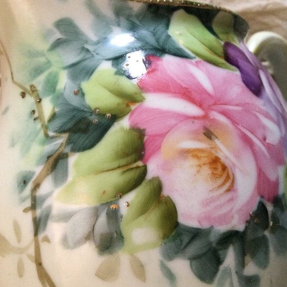 Vintage /antique Hand painted Nippon pitcher jar pink purple roses floral damage - Picture 6 of 7